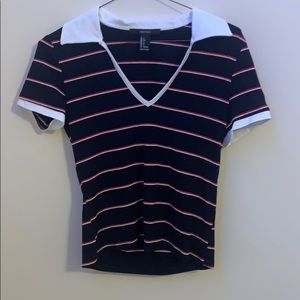 striped forever 21 collared v-neck